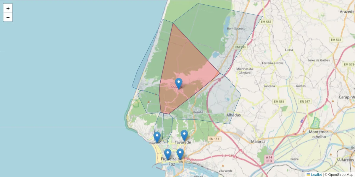 Mapa detalhado do código postal 3080-532 com limites, códigos postais vizinhos e agências dos correios