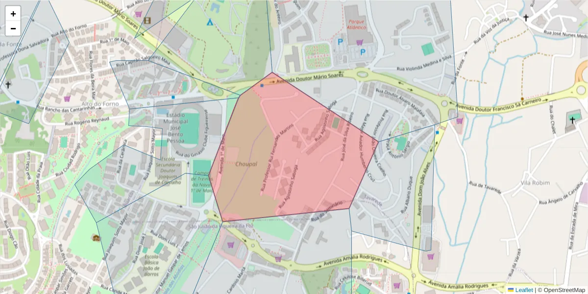 Mapa detalhado do código postal 3080-631 com limites, códigos postais vizinhos e agências dos correios