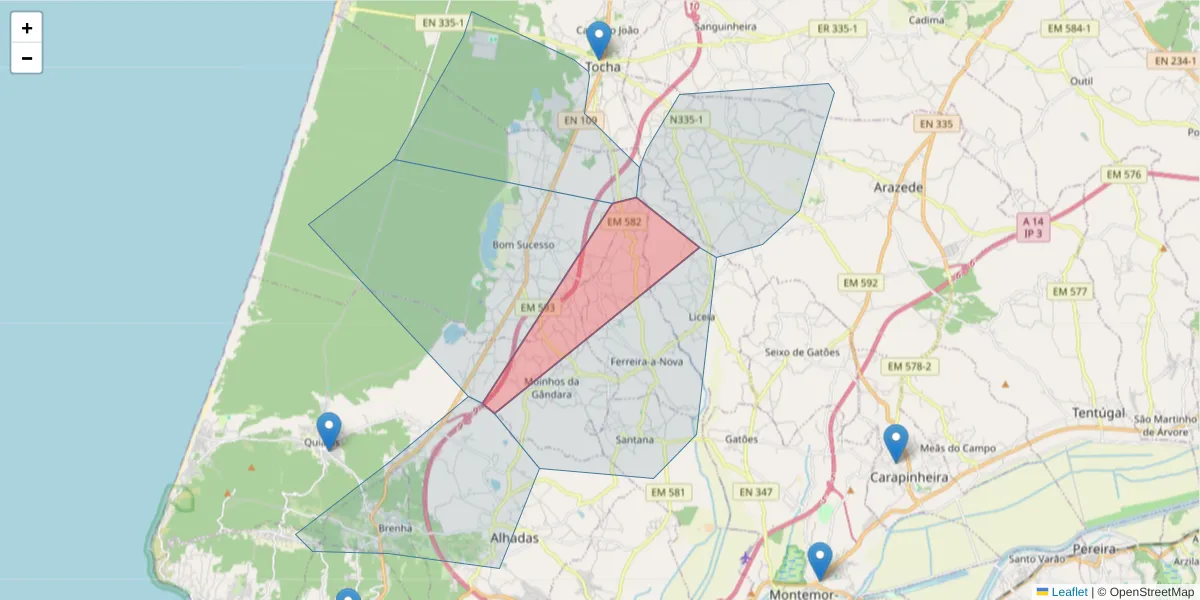 Mapa detalhado do código postal 3090-448 com limites, códigos postais vizinhos e agências dos correios