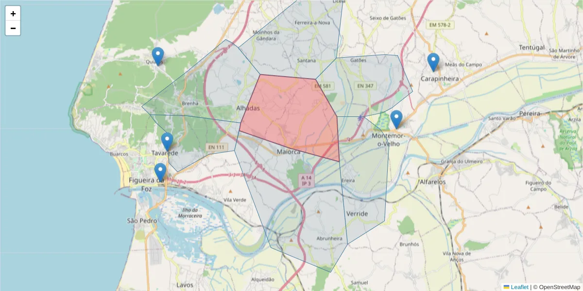 Mapa detalhado do código postal 3090-468 com limites, códigos postais vizinhos e agências dos correios
