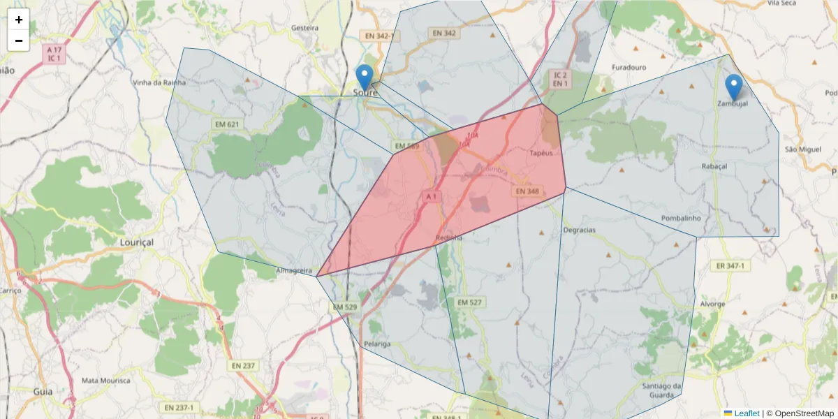 Mapa detalhado do código postal 3100-000 com limites, códigos postais vizinhos e agências dos correios