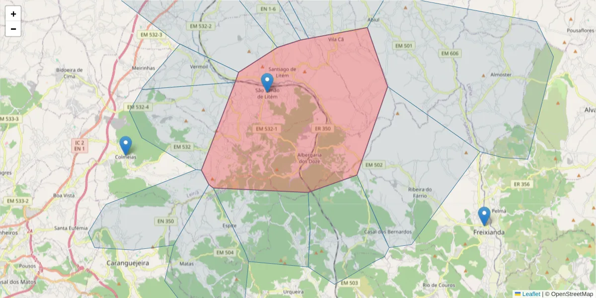 Mapa detalhado do código postal 3100-081 com limites, códigos postais vizinhos e agências dos correios