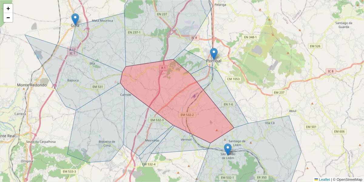 Mapa detalhado do código postal 3100-371 com limites, códigos postais vizinhos e agências dos correios