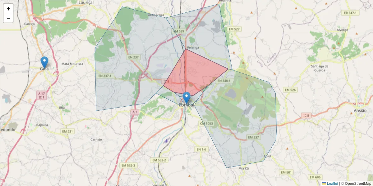 Mapa detalhado do código postal 3100-373 com limites, códigos postais vizinhos e agências dos correios