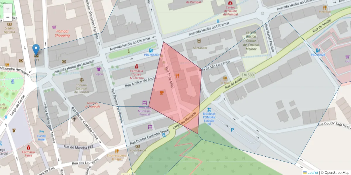 Mapa detalhado do código postal 3100-477 com limites, códigos postais vizinhos e agências dos correios