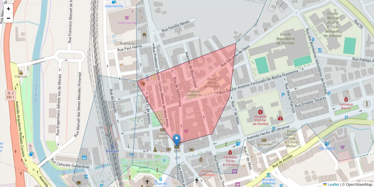 Mapa detalhado do código postal 3100-483 com limites, códigos postais vizinhos e agências dos correios