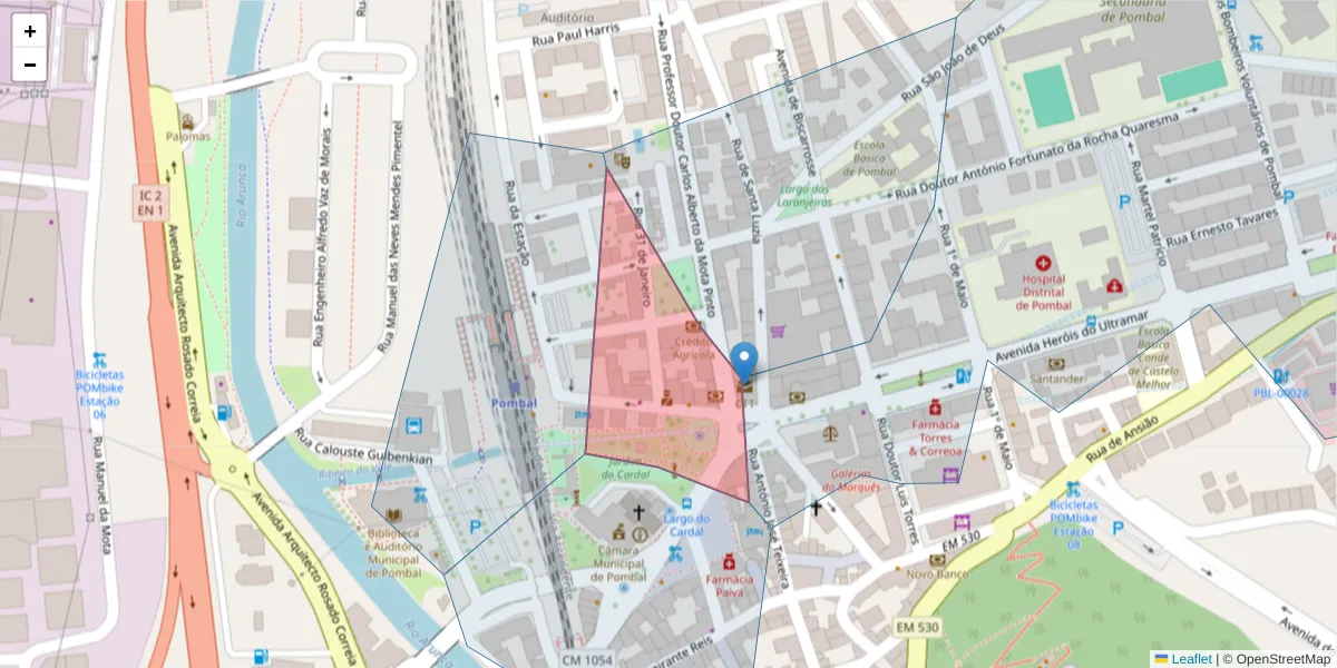 Mapa detalhado do código postal 3100-494 com limites, códigos postais vizinhos e agências dos correios