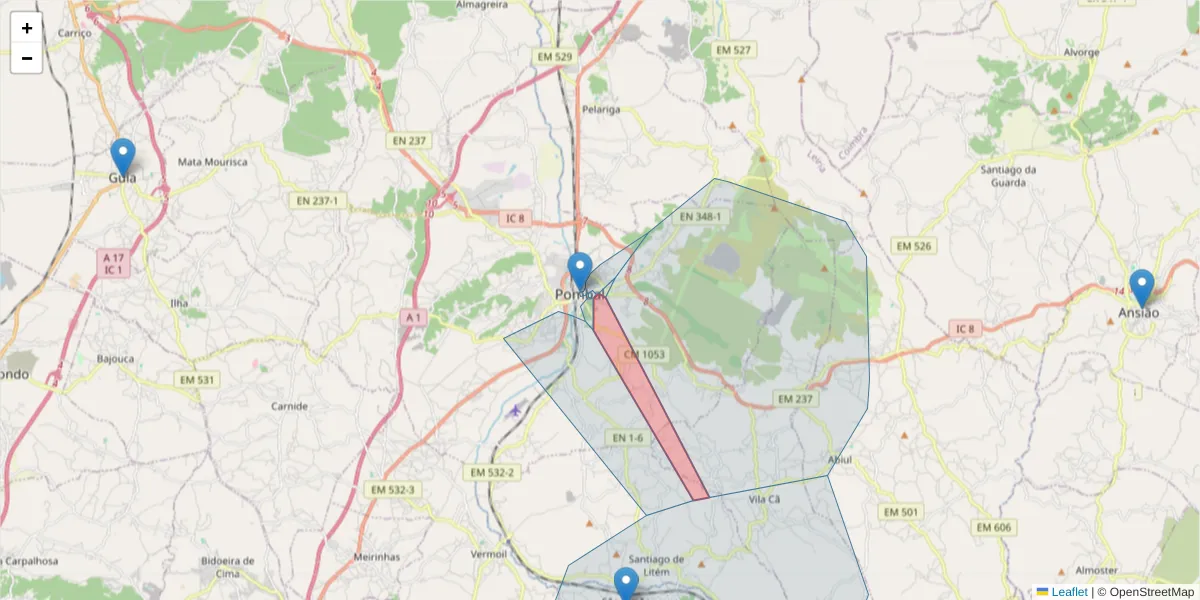 Mapa detalhado do código postal 3100-505 com limites, códigos postais vizinhos e agências dos correios