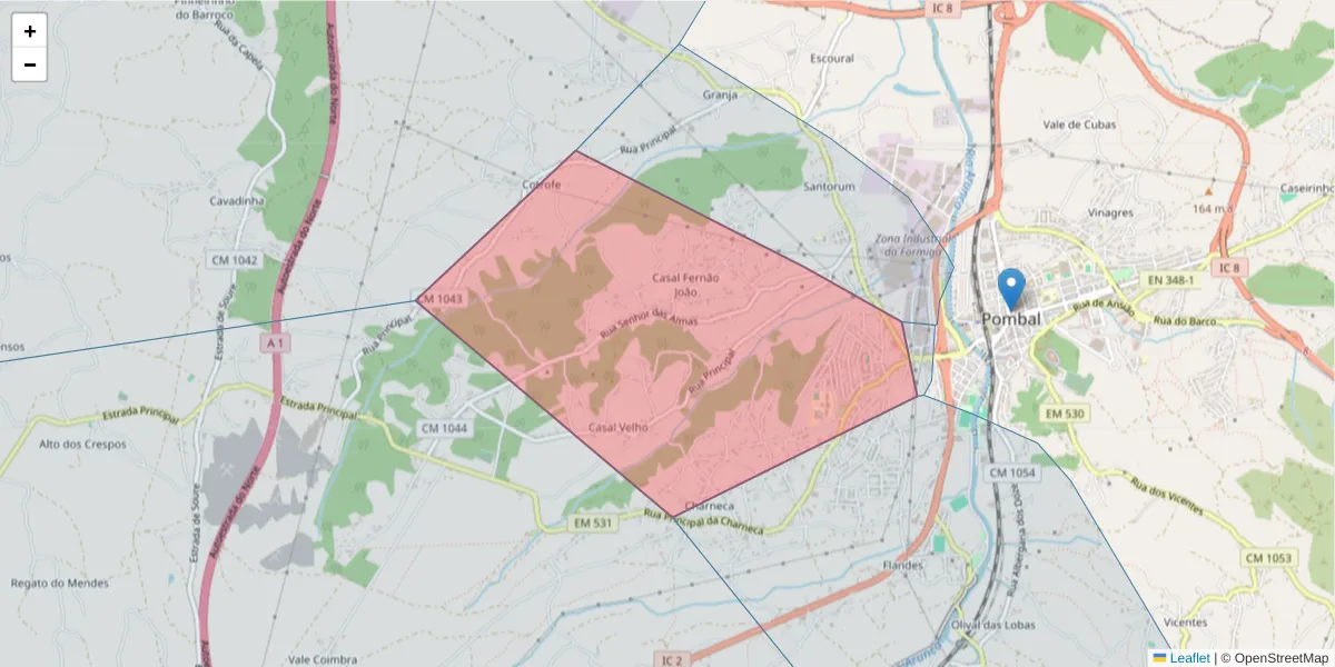 Mapa detalhado do código postal 3100-534 com limites, códigos postais vizinhos e agências dos correios