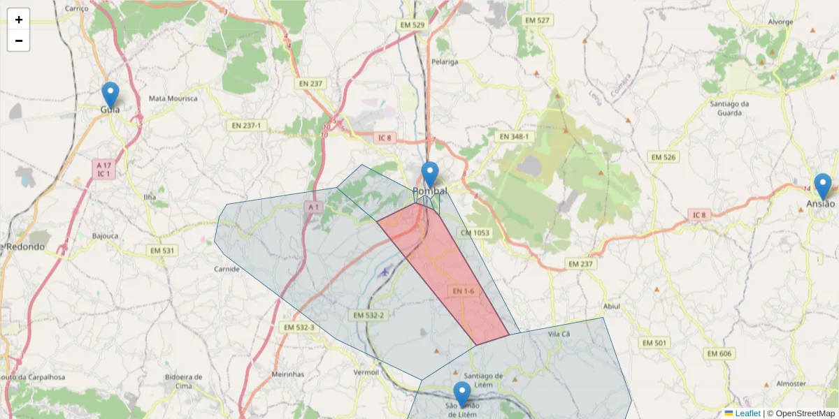 Mapa detalhado do código postal 3100-545 com limites, códigos postais vizinhos e agências dos correios