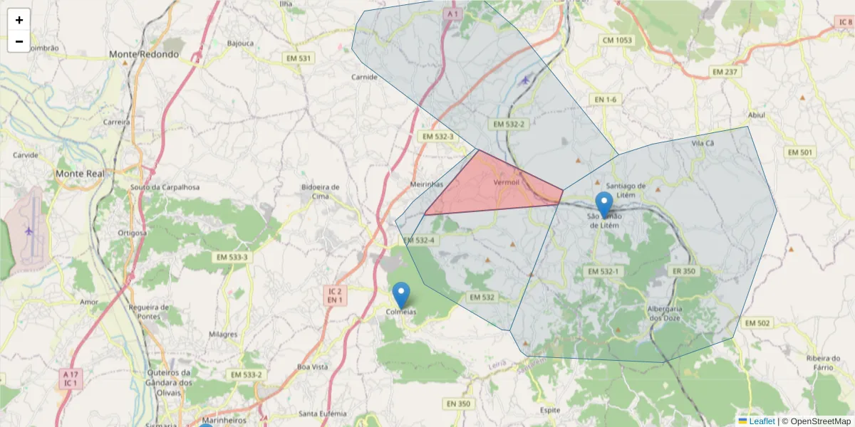 Mapa detalhado do código postal 3105-225 com limites, códigos postais vizinhos e agências dos correios