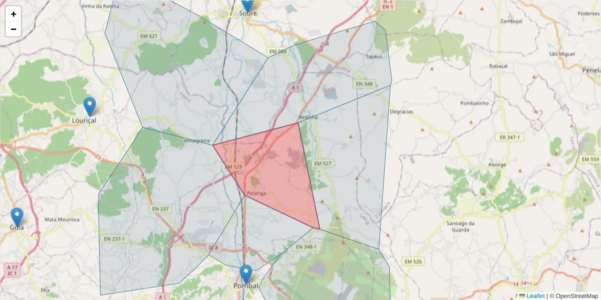 Mapa detalhado do código postal 3105-306 com limites, códigos postais vizinhos e agências dos correios