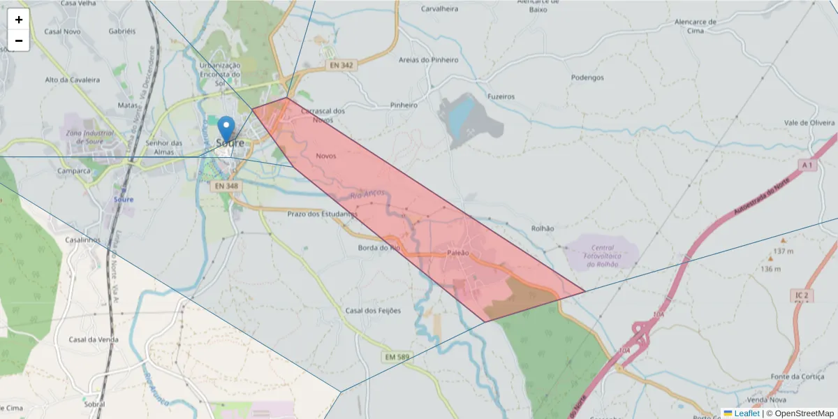 Mapa detalhado do código postal 3130-200 com limites, códigos postais vizinhos e agências dos correios