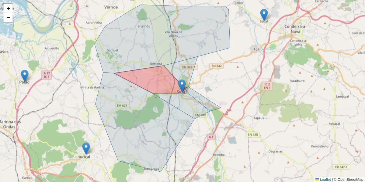 Mapa detalhado do código postal 3130-203 com limites, códigos postais vizinhos e agências dos correios