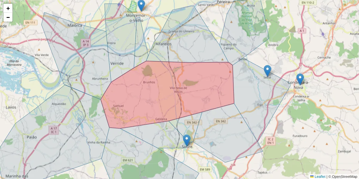 Mapa detalhado do código postal 3130-400 com limites, códigos postais vizinhos e agências dos correios