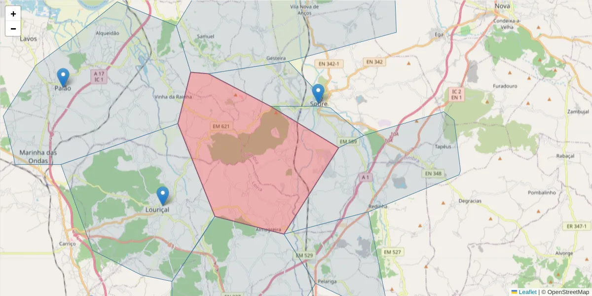 Mapa detalhado do código postal 3130-548 com limites, códigos postais vizinhos e agências dos correios
