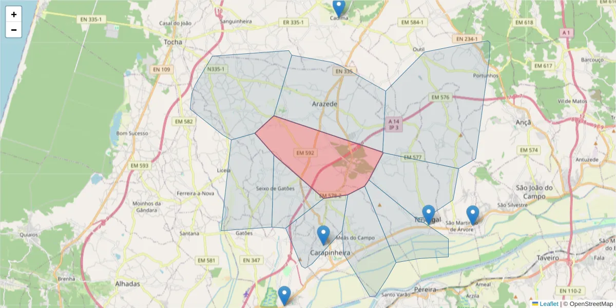Mapa detalhado do código postal 3140-021 com limites, códigos postais vizinhos e agências dos correios