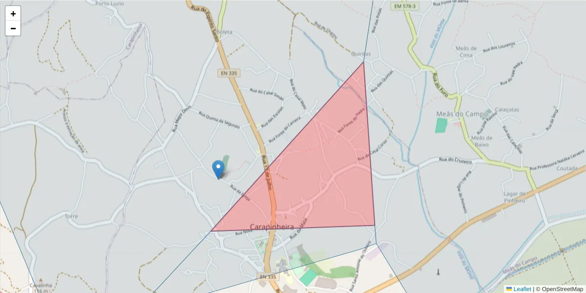 Mapa detalhado do código postal 3140-071 com limites, códigos postais vizinhos e agências dos correios