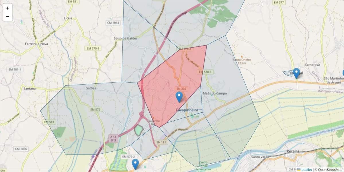 Mapa detalhado do código postal 3140-077 com limites, códigos postais vizinhos e agências dos correios