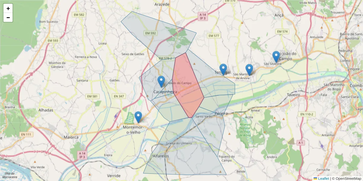 Mapa detalhado do código postal 3140-166 com limites, códigos postais vizinhos e agências dos correios