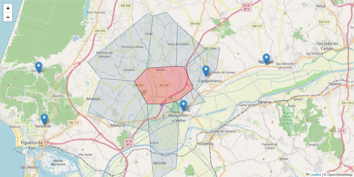 Mapa detalhado do código postal 3140-203 com limites, códigos postais vizinhos e agências dos correios