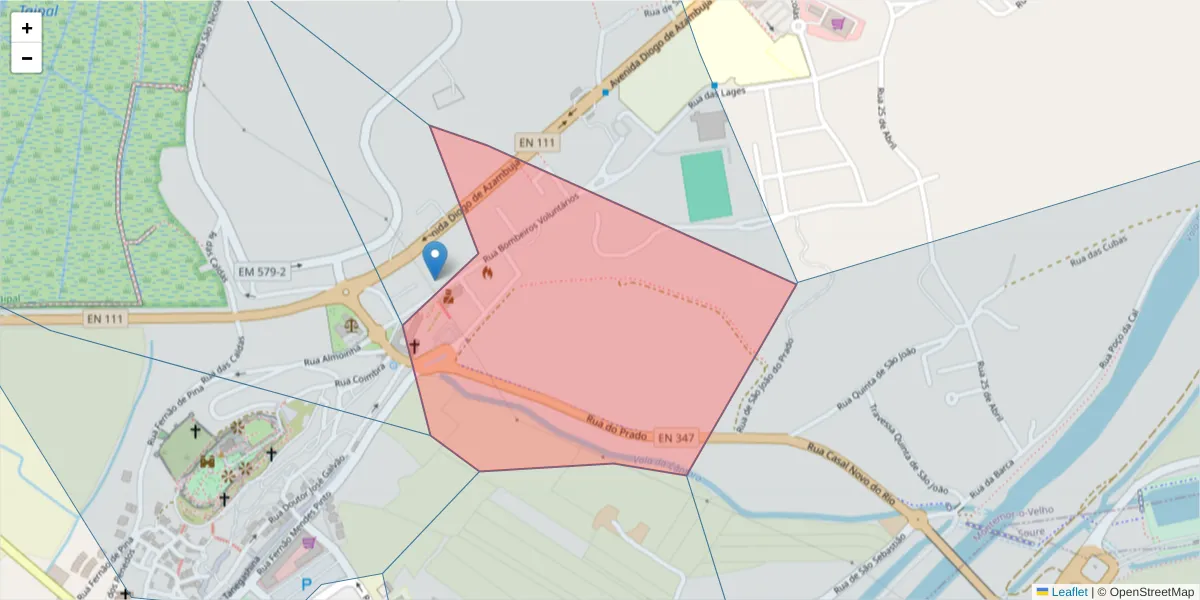 Mapa detalhado do código postal 3140-250 com limites, códigos postais vizinhos e agências dos correios