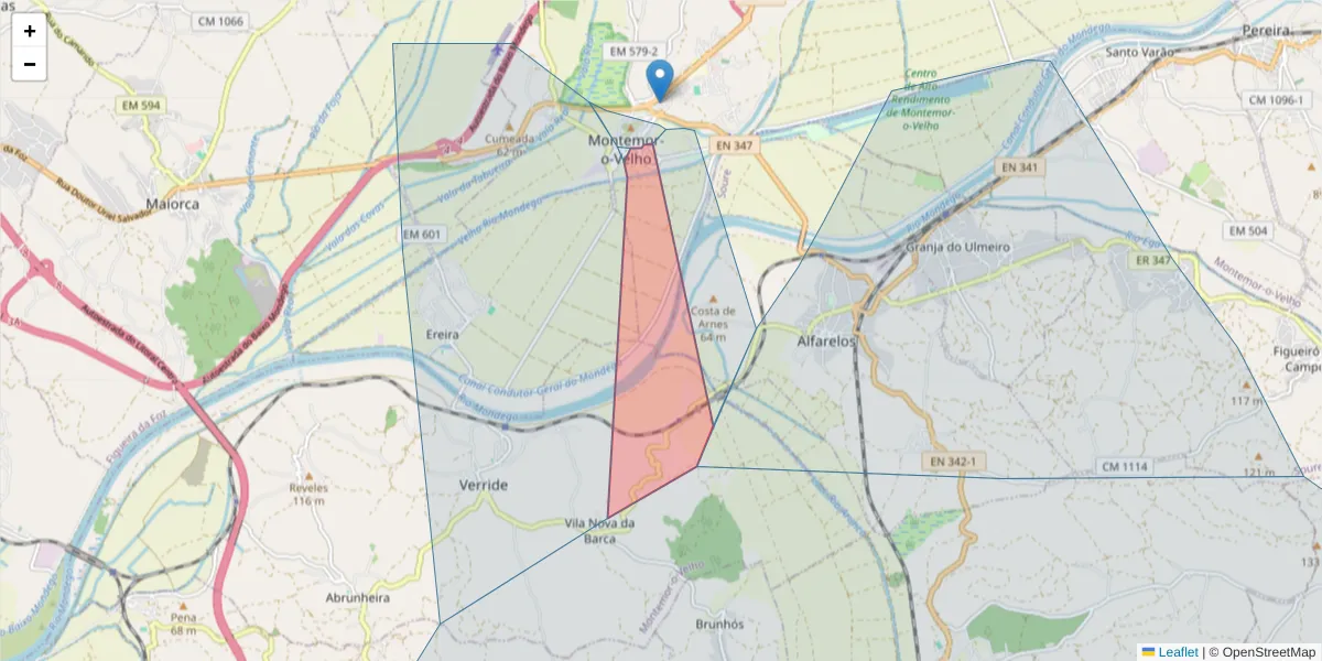 Mapa detalhado do código postal 3140-257 com limites, códigos postais vizinhos e agências dos correios