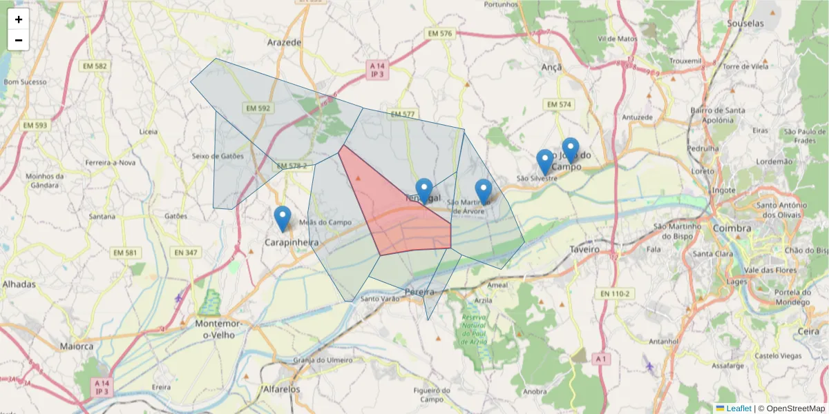 Mapa detalhado do código postal 3140-563 com limites, códigos postais vizinhos e agências dos correios