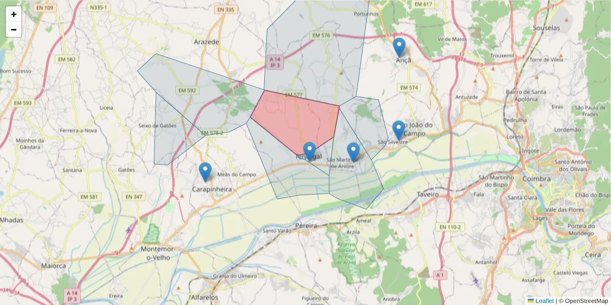 Mapa detalhado do código postal 3140-565 com limites, códigos postais vizinhos e agências dos correios