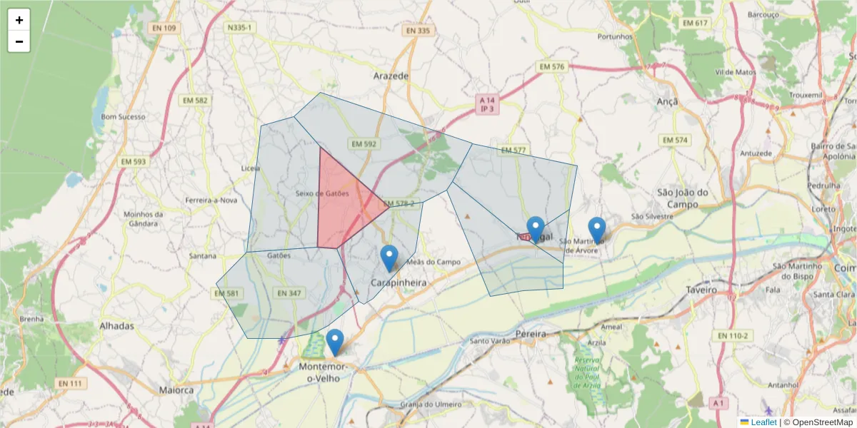Mapa detalhado do código postal 3140 com limites, códigos postais vizinhos e agências dos correios