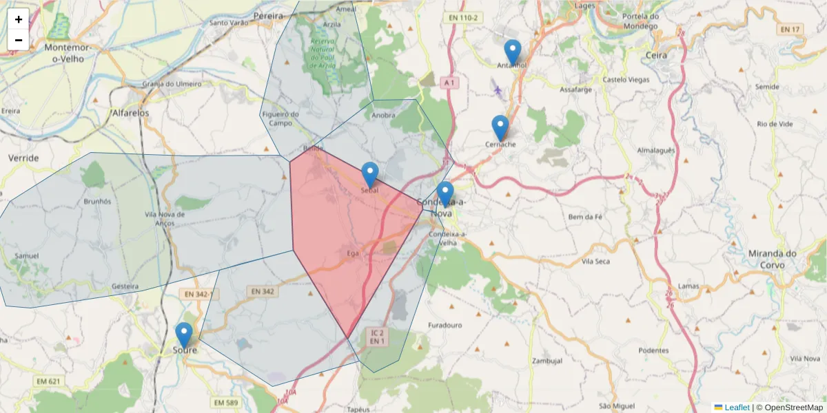 Mapa detalhado do código postal 3150-292 com limites, códigos postais vizinhos e agências dos correios