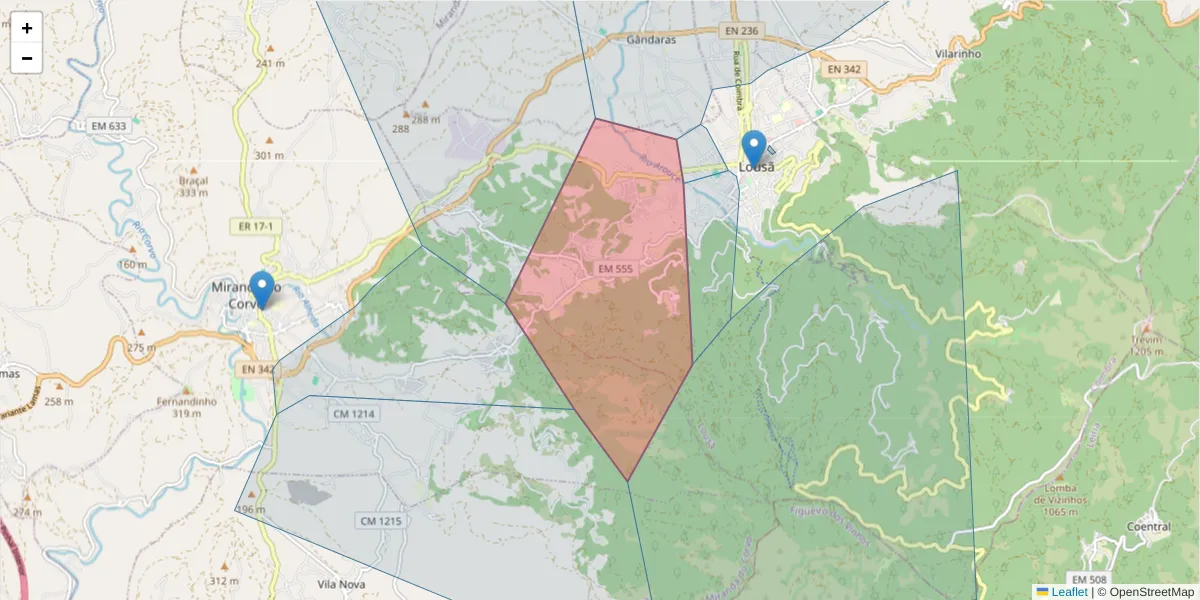 Mapa detalhado do código postal 3200-095 com limites, códigos postais vizinhos e agências dos correios