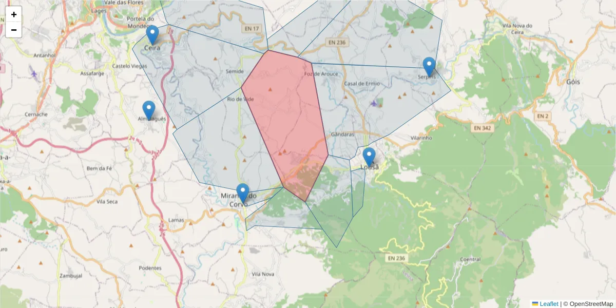 Mapa detalhado do código postal 3200-133 com limites, códigos postais vizinhos e agências dos correios
