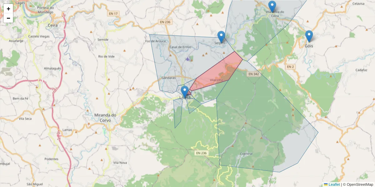 Mapa detalhado do código postal 3200-202 com limites, códigos postais vizinhos e agências dos correios