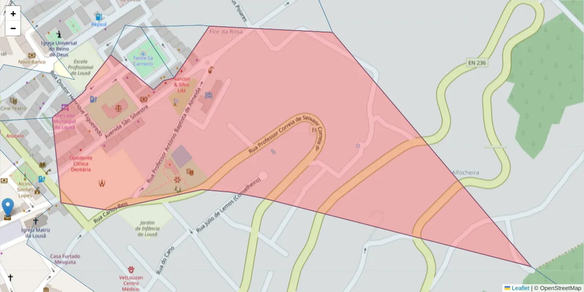 Mapa detalhado do código postal 3200-203 com limites, códigos postais vizinhos e agências dos correios