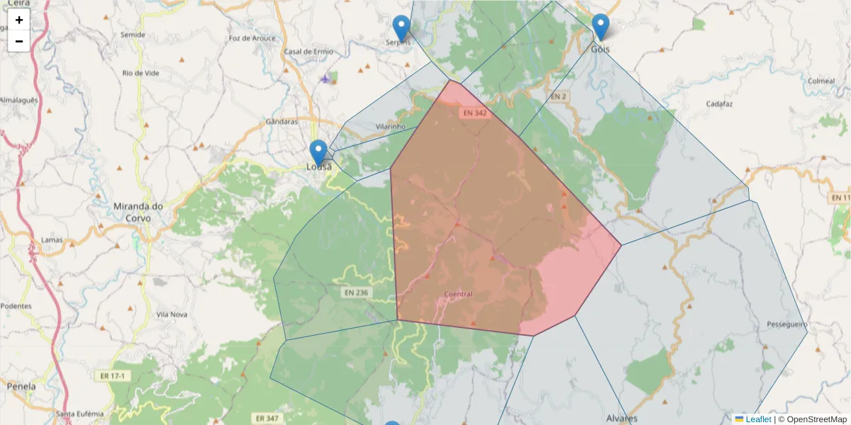 Mapa detalhado do código postal 3200-509 com limites, códigos postais vizinhos e agências dos correios
