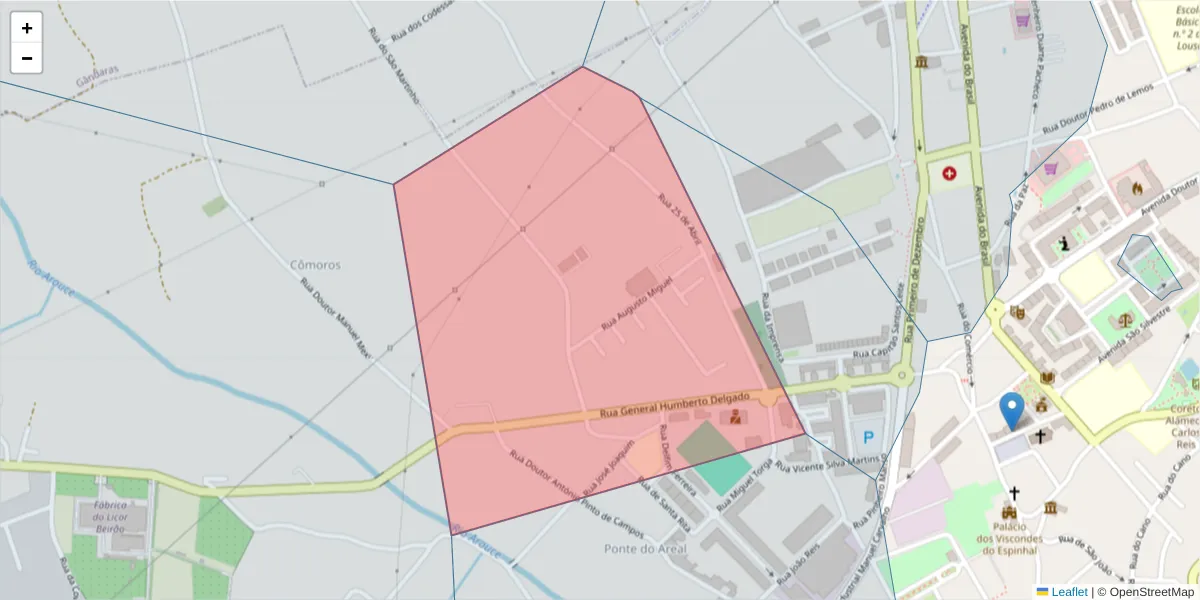 Mapa detalhado do código postal 3200-901 com limites, códigos postais vizinhos e agências dos correios