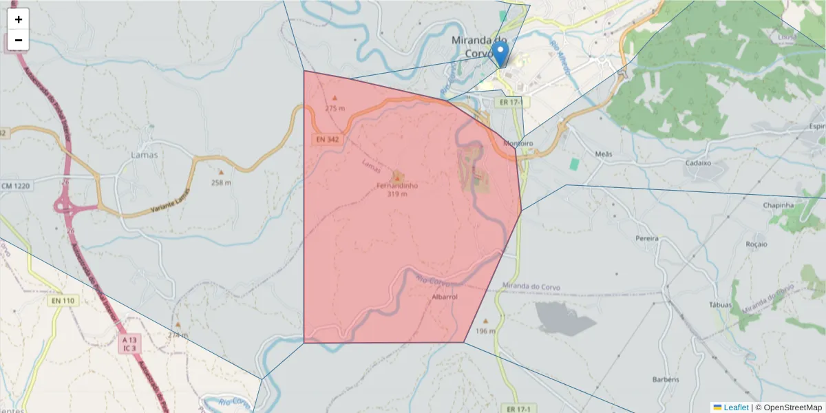Mapa detalhado do código postal 3220-154 com limites, códigos postais vizinhos e agências dos correios