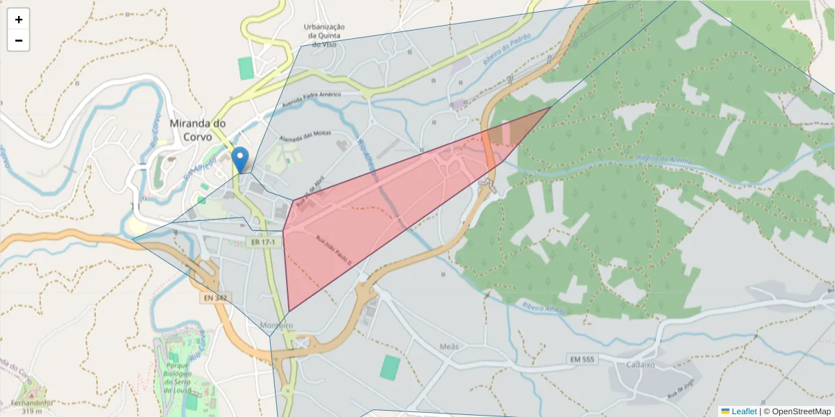 Mapa detalhado do código postal 3220-205 com limites, códigos postais vizinhos e agências dos correios