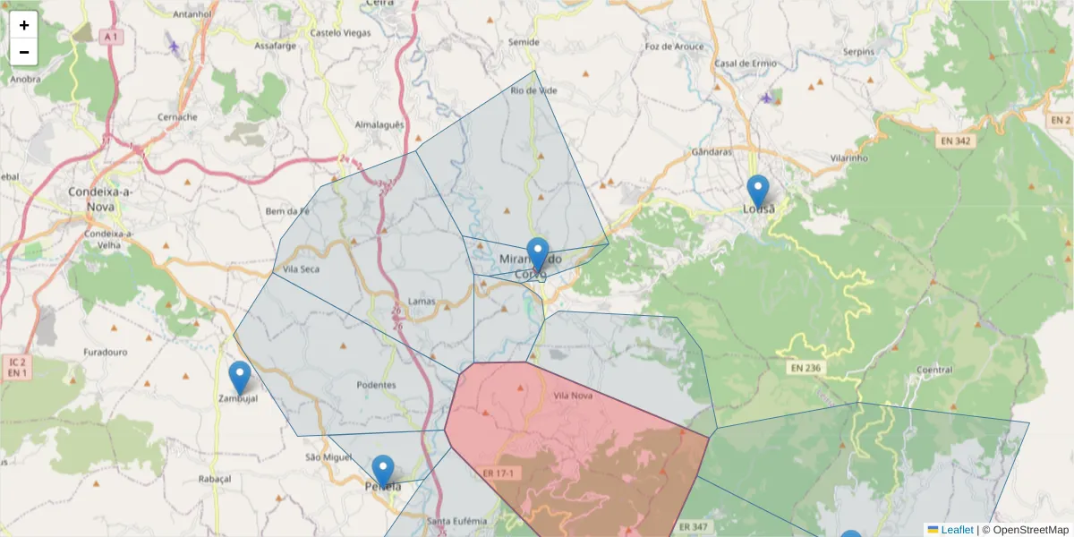 Mapa detalhado do código postal 3220 com limites, códigos postais vizinhos e agências dos correios
