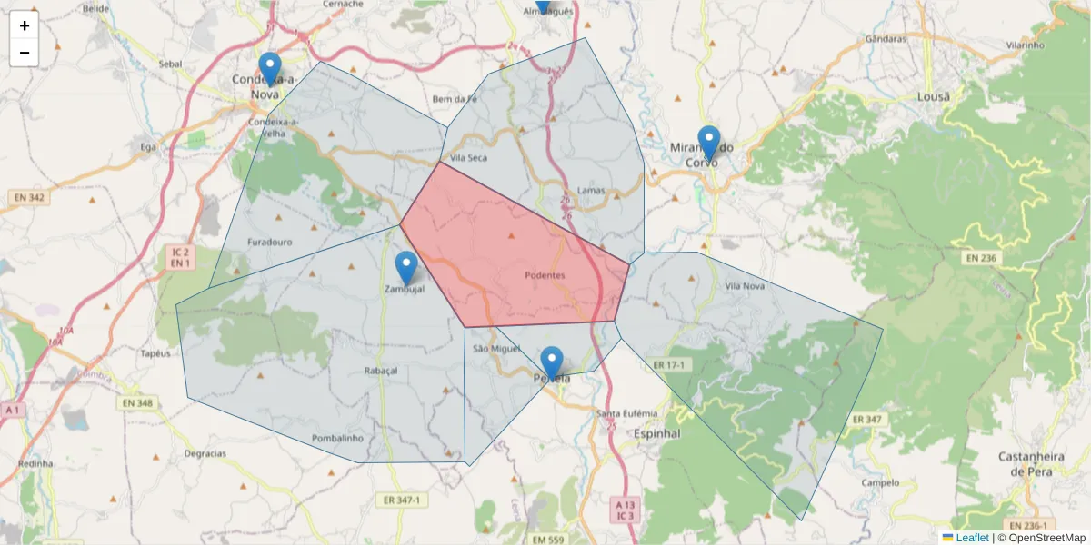 Mapa detalhado do código postal 3230-529 com limites, códigos postais vizinhos e agências dos correios