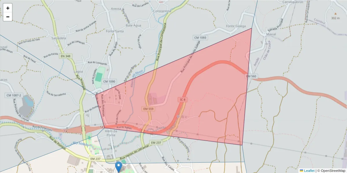 Mapa detalhado do código postal 3240-124 com limites, códigos postais vizinhos e agências dos correios