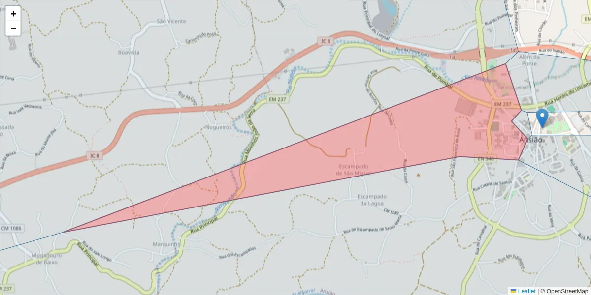 Mapa detalhado do código postal 3240-153 com limites, códigos postais vizinhos e agências dos correios