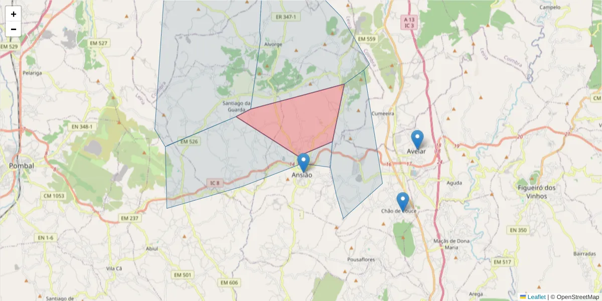 Mapa detalhado do código postal 3240-207 com limites, códigos postais vizinhos e agências dos correios