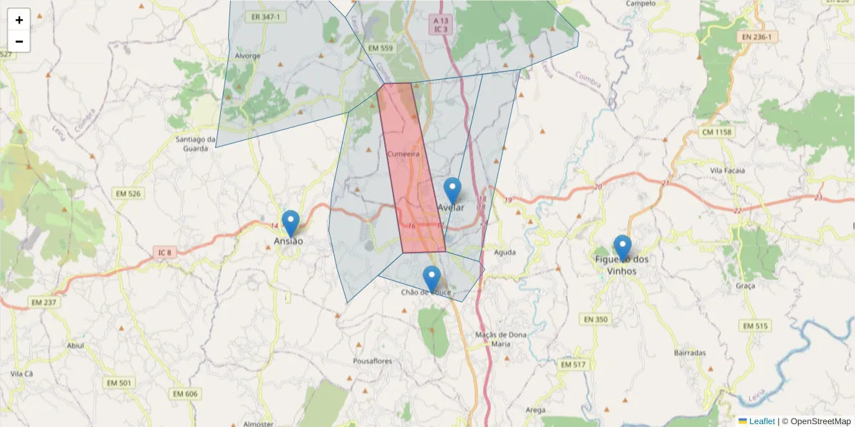 Mapa detalhado do código postal 3240-306 com limites, códigos postais vizinhos e agências dos correios