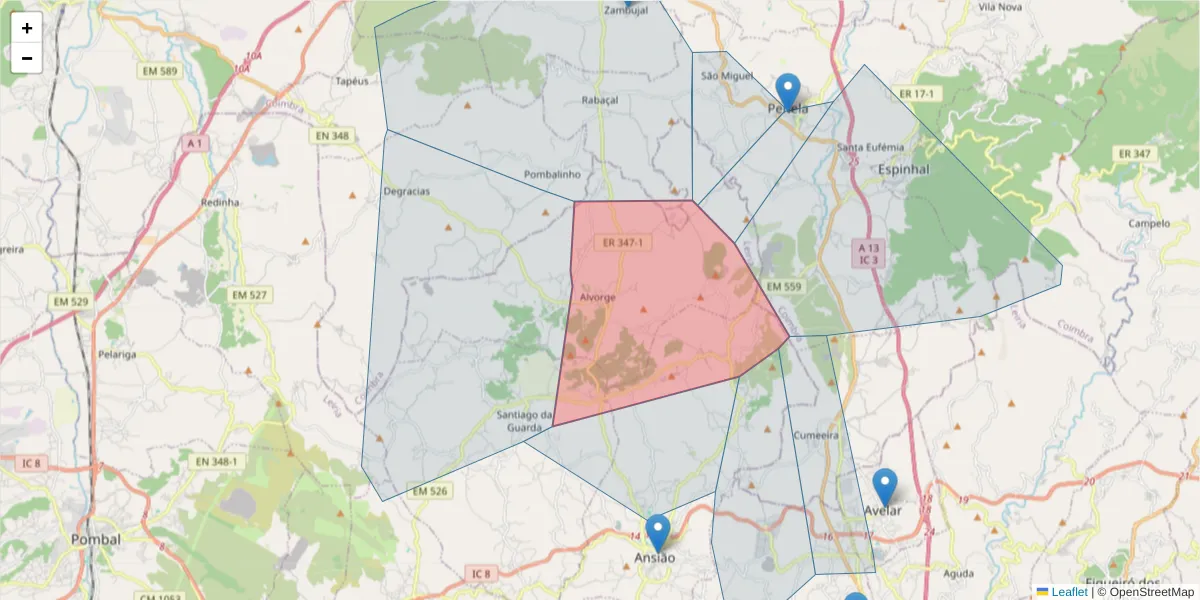 Mapa detalhado do código postal 3240-402 com limites, códigos postais vizinhos e agências dos correios