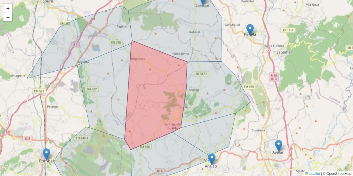 Mapa detalhado do código postal 3240-417 com limites, códigos postais vizinhos e agências dos correios