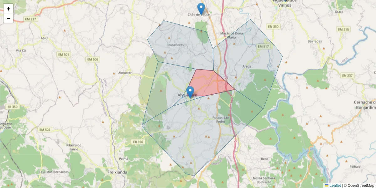 Mapa detalhado do código postal 3250-102 com limites, códigos postais vizinhos e agências dos correios