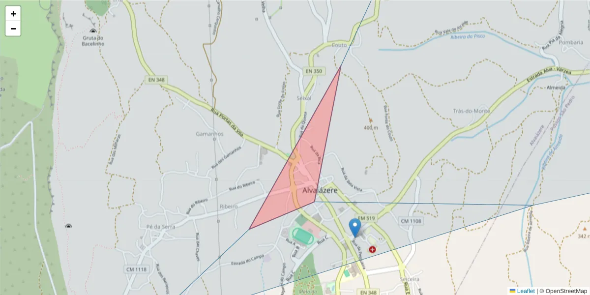 Mapa detalhado do código postal 3250-110 com limites, códigos postais vizinhos e agências dos correios
