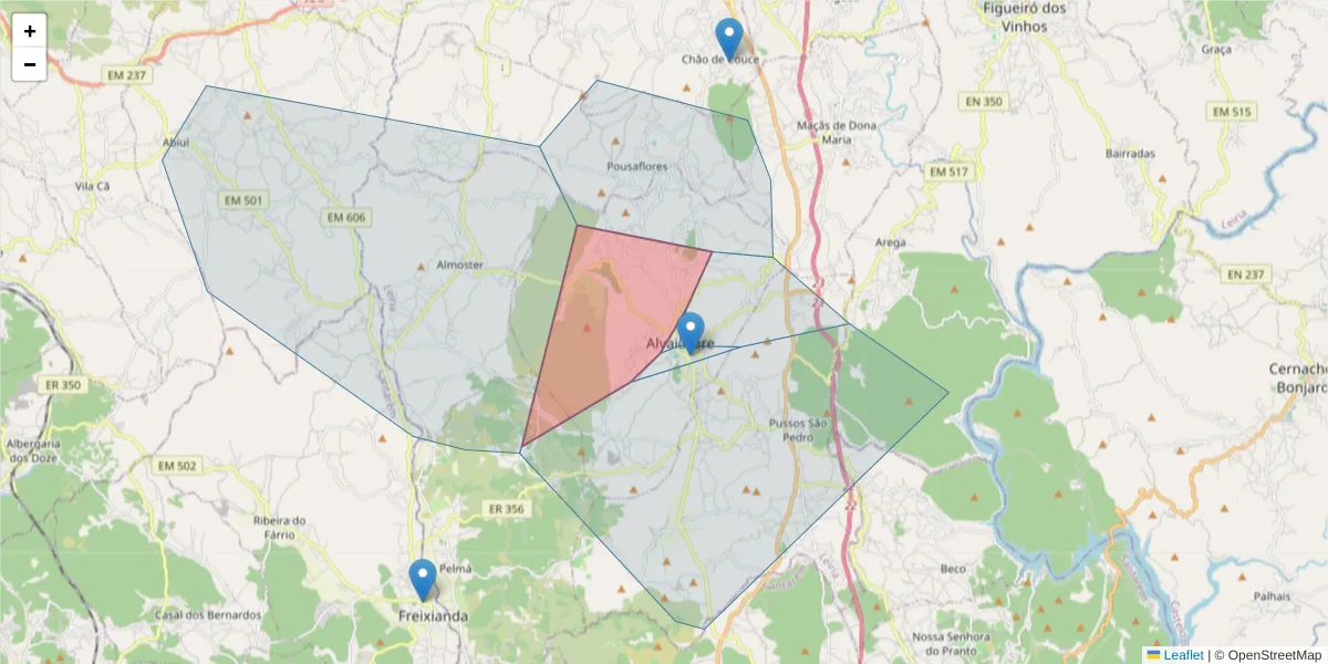 Mapa detalhado do código postal 3250-163 com limites, códigos postais vizinhos e agências dos correios